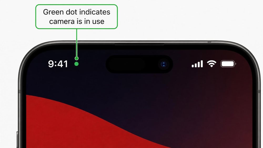An iPhone status bar close-up showing the green camera-in-use dot next to the clock, with a labeled callout pointing to it.