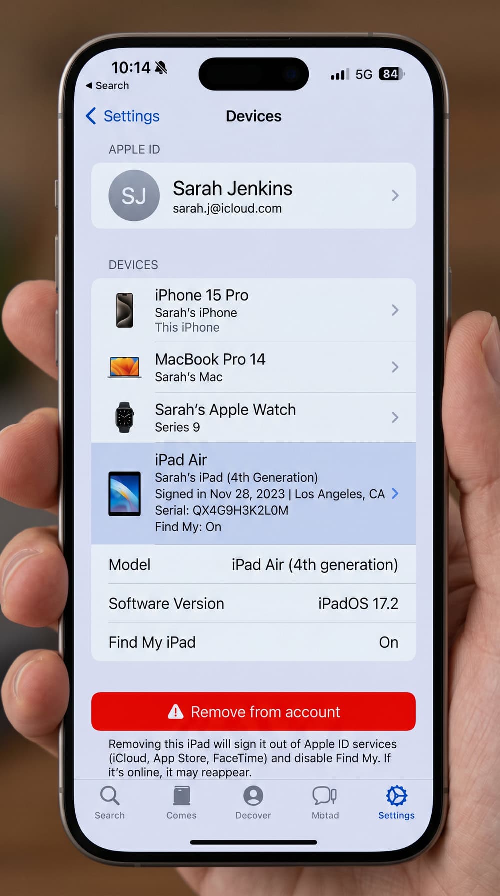 An Apple ID devices screen on iPhone listing signed-in devices, with an unrecognized iPad selected and a red "Remove from account" button visible.