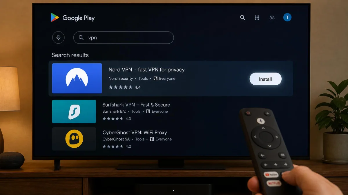 The Google Play Store on an Android TV showing search results for a VPN app, with the Install button highlighted and the TV remote visible.