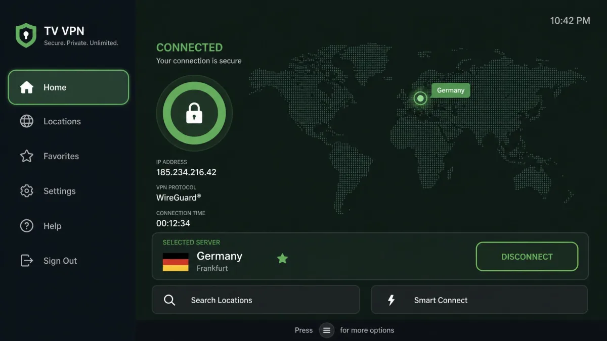 An Android TV VPN app showing a connected status with a world map and a selected country server, controlled from the TV remote.