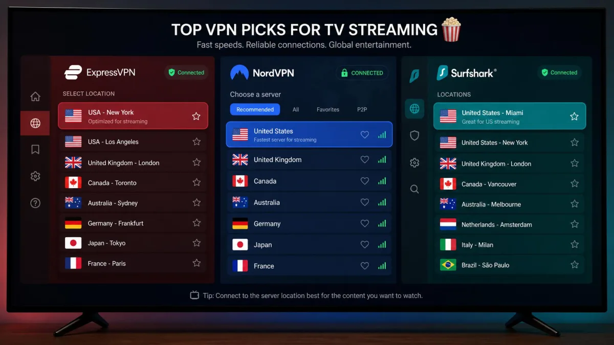 Three VPN apps side by side on a smart TV interface showing their server selection screens, illustrating the top picks for TV streaming.