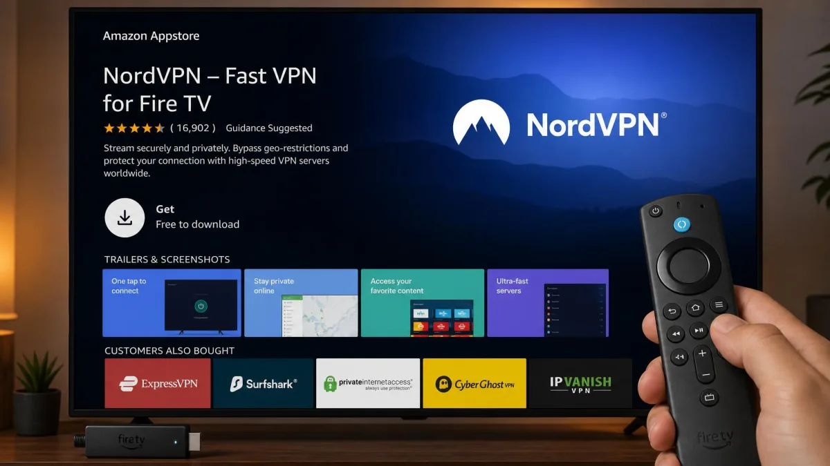 A Fire TV Stick interface showing a VPN app's install page in the Amazon Appstore, with the remote in frame, demonstrating native app support on a streaming stick.