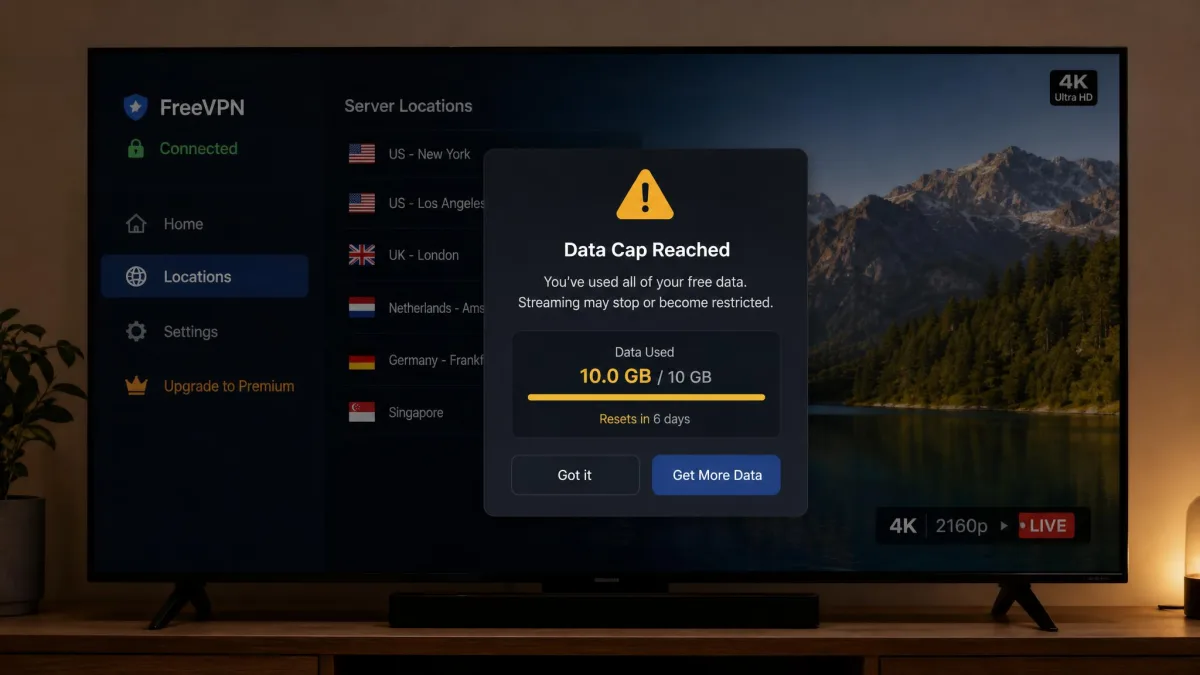 A free VPN app on a TV displaying a data-cap warning during a 4K stream, with a limited list of available server locations behind it.