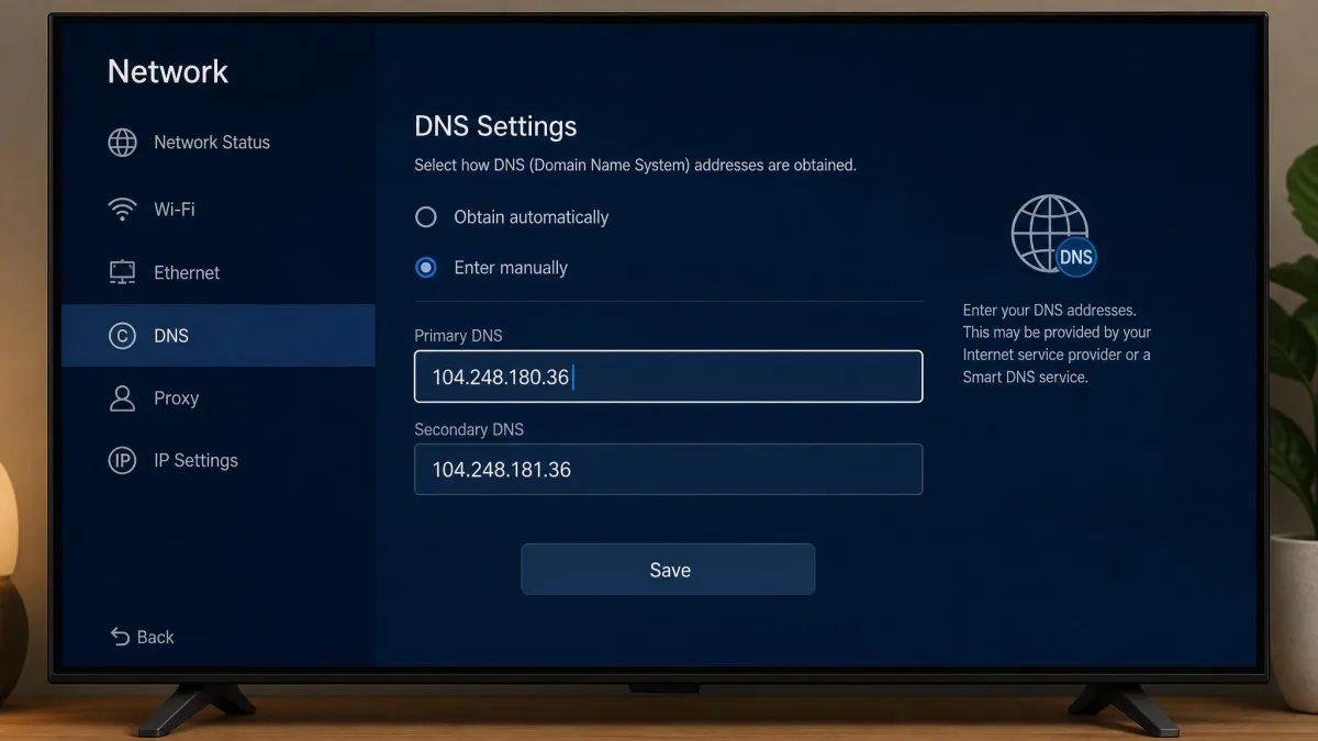 A smart TV network settings screen switched to manual DNS entry, showing Smart DNS addresses being typed into the primary and secondary DNS fields.