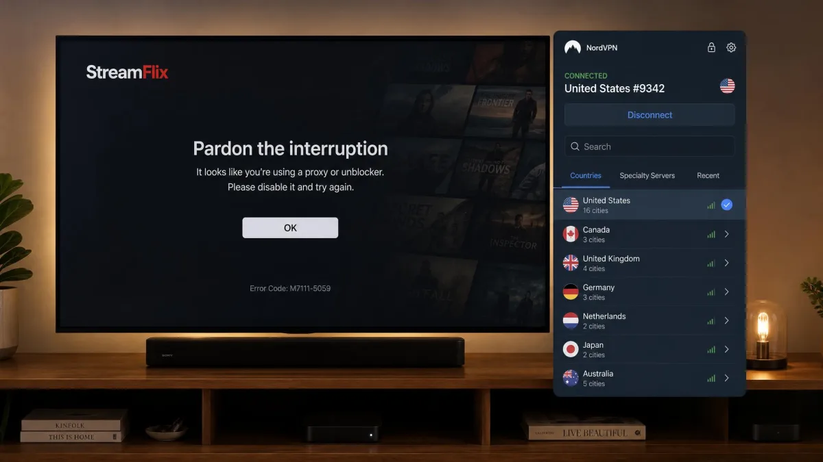 A streaming app on a TV showing a proxy or unblocker error message, with a VPN server-selection panel open beside it ready for a server switch.