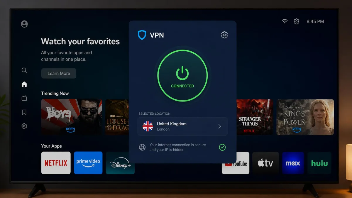 A smart TV home screen with a VPN app open in the foreground showing a connected status and a selected server country, with streaming app tiles like Netflix and Prime Video visible behind it.