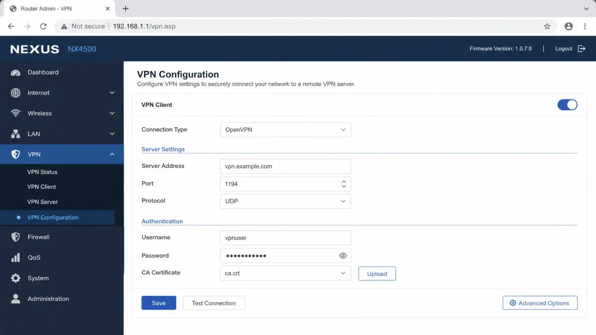 A router admin dashboard open in a browser on the VPN configuration page, with server address and credential fields filled in for a manual setup.