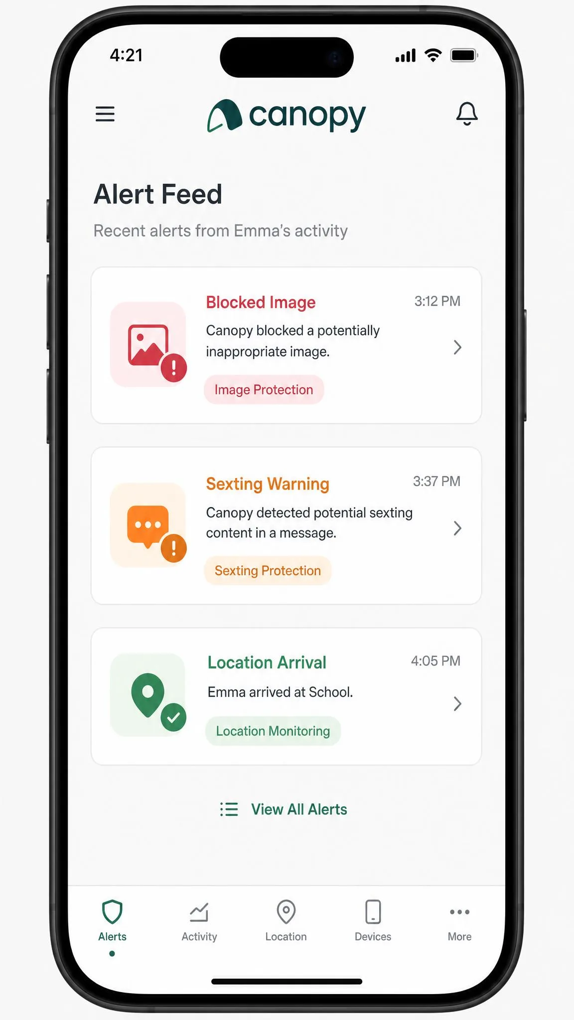 The Canopy parent app alert feed on a phone, listing a blocked-image alert, a sexting warning, and a location arrival notification with timestamps from the same afternoon.