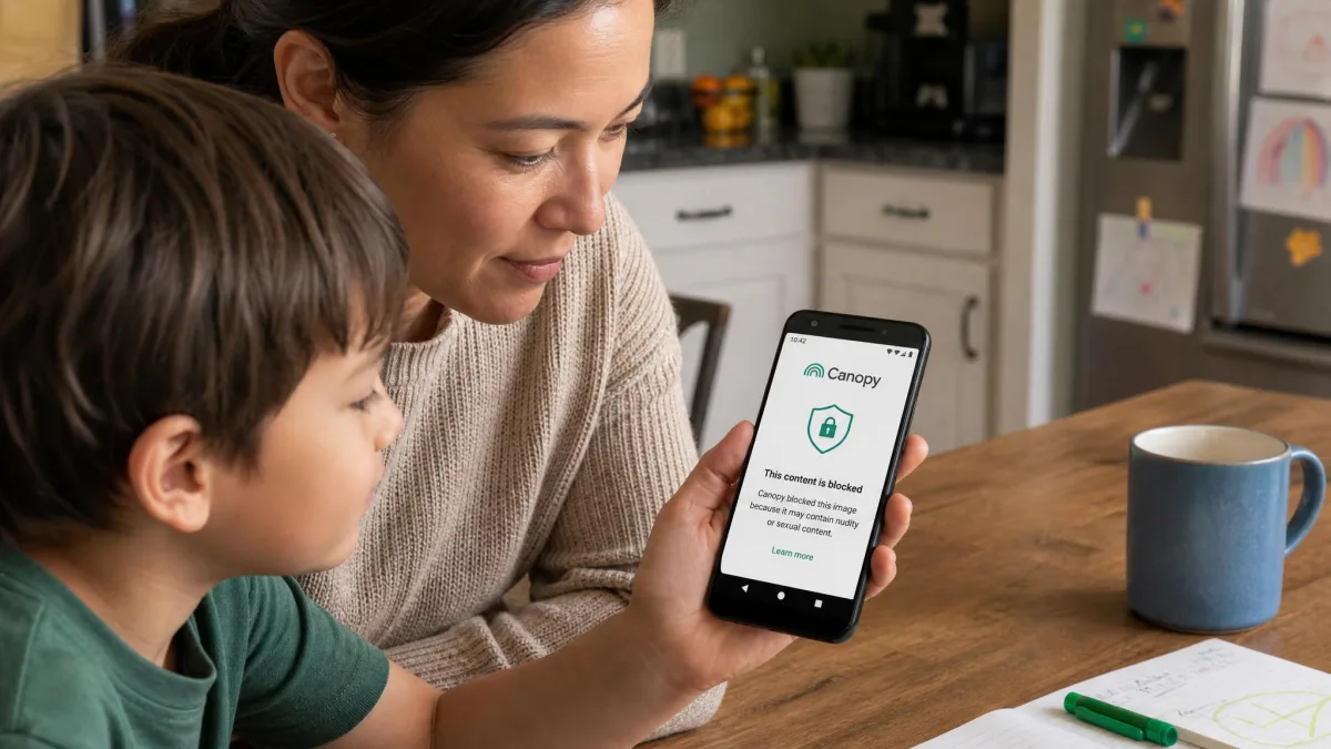 A parent and a child looking at an Android phone at a kitchen table, the screen showing a Canopy blocked-content notice in place of an image.