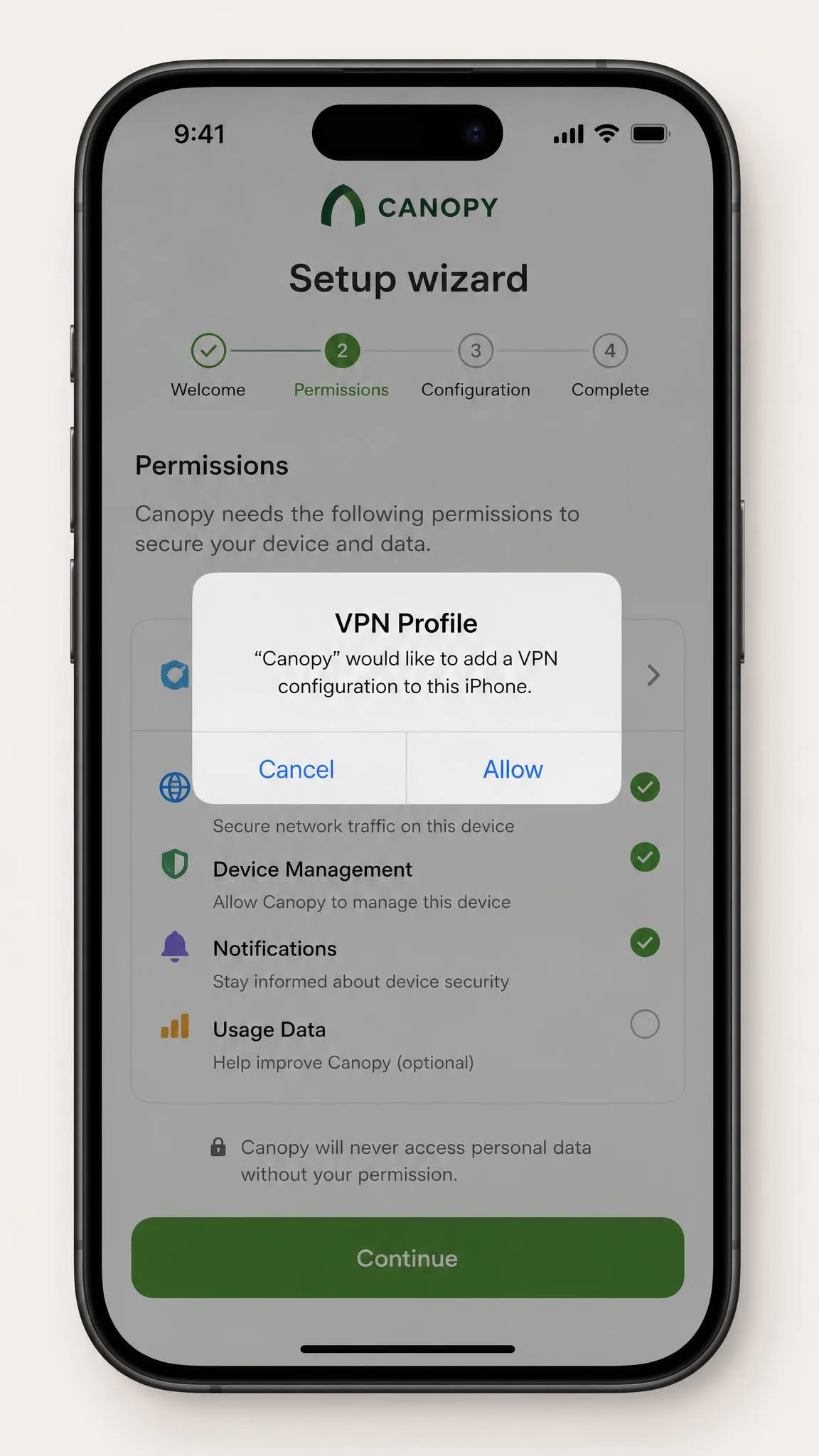 An iPhone showing the Canopy setup wizard on the permissions step, with a VPN profile prompt open and a checklist of remaining setup items behind it.