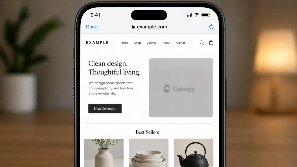 A phone screen showing a web page where one photo has been replaced by a grey blurred Canopy block panel while the surrounding text and navigation load normally.