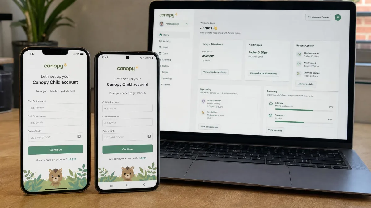 An iPhone and an Android phone side by side on a desk, both showing the Canopy child app enrollment screen, with a laptop behind them displaying the parent dashboard.