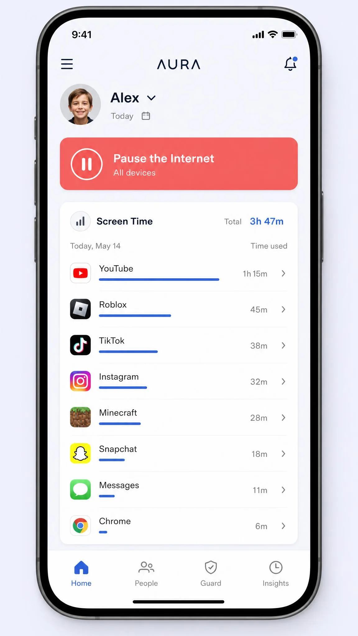 Aura's parent dashboard on a phone listing a child's per-app screen time for the day with a Pause the Internet button at the top of the screen.