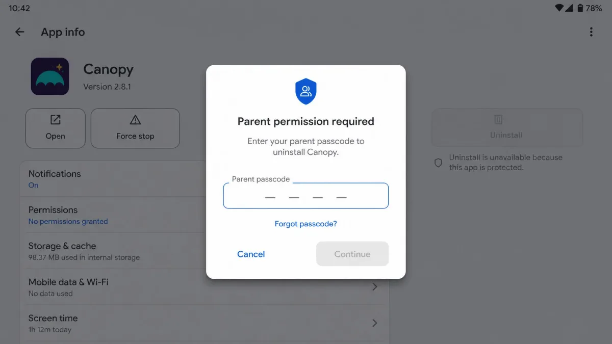 An Android settings screen showing the Canopy app's uninstall option greyed out, with a parental permission prompt overlaid asking for the parent passcode.