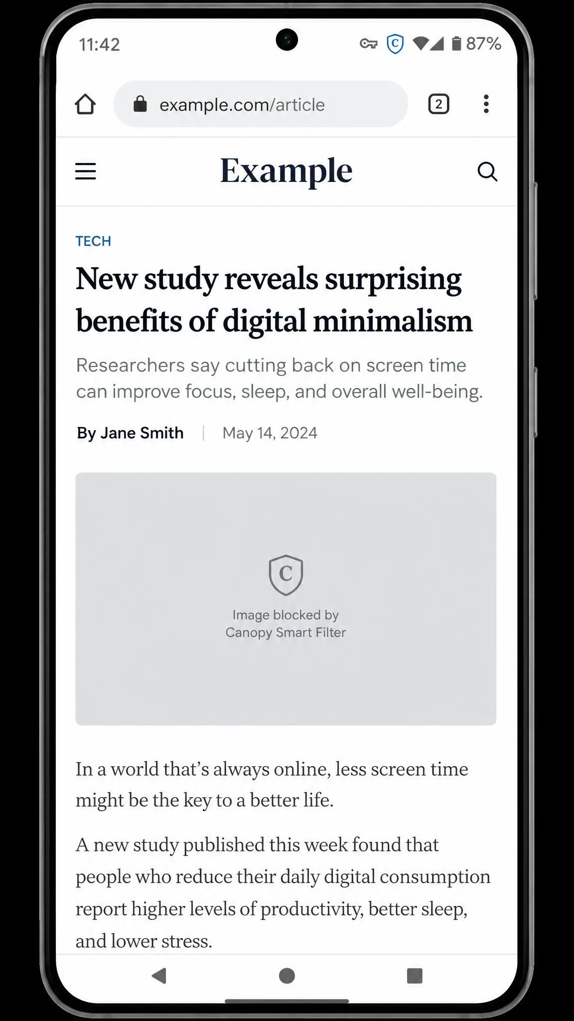 Canopy's smart filter on an Android phone showing a webpage with an image blanked out and a grey placeholder in its place, with the Canopy VPN icon visible in the status bar.