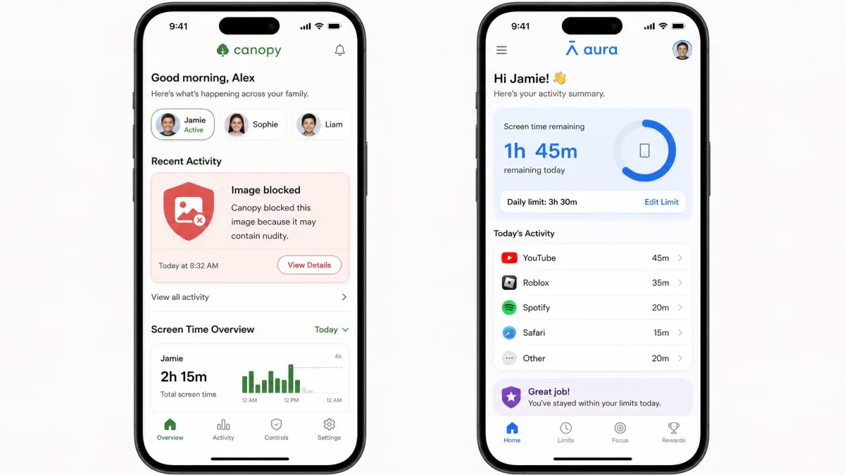 Two smartphone screens side by side, the left showing Canopy's parent dashboard with a blocked-image alert and the right showing Aura's child activity summary with remaining screen time.