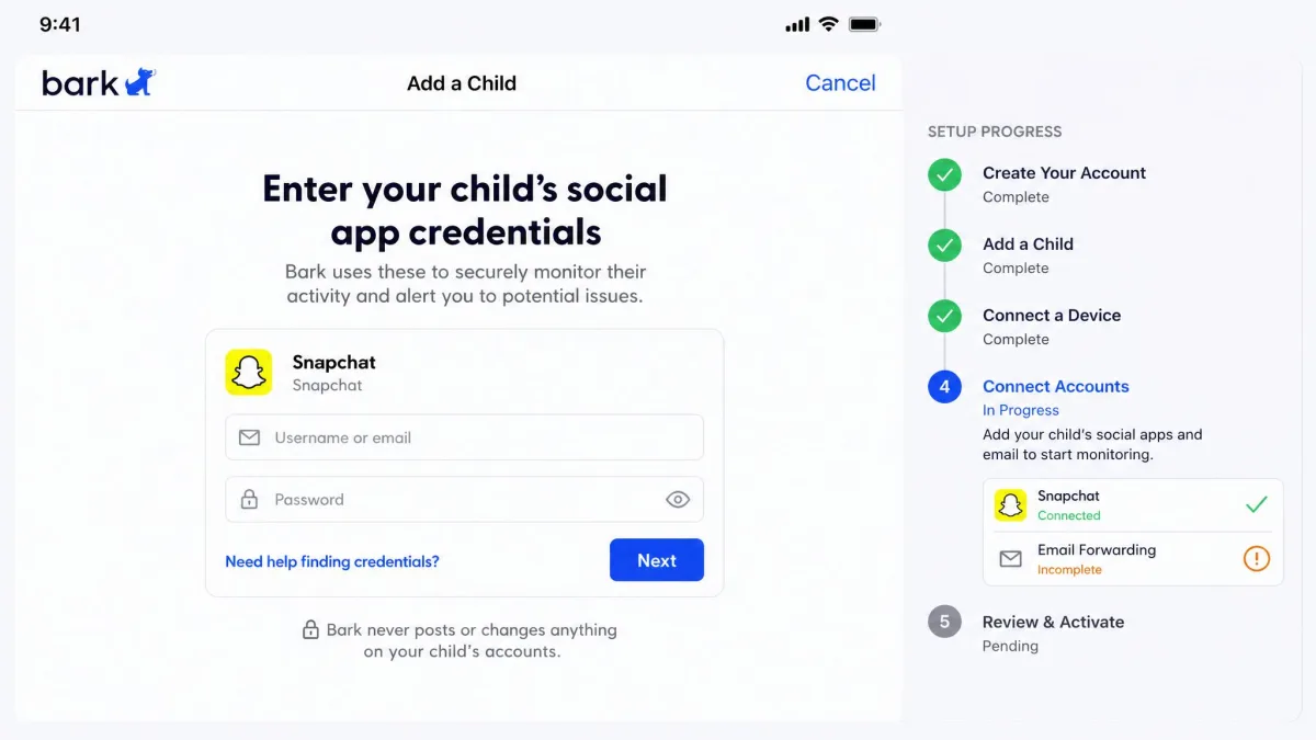 Bark's iOS setup screen asking a parent to enter a child's social app credentials, with a progress list showing email forwarding still incomplete.