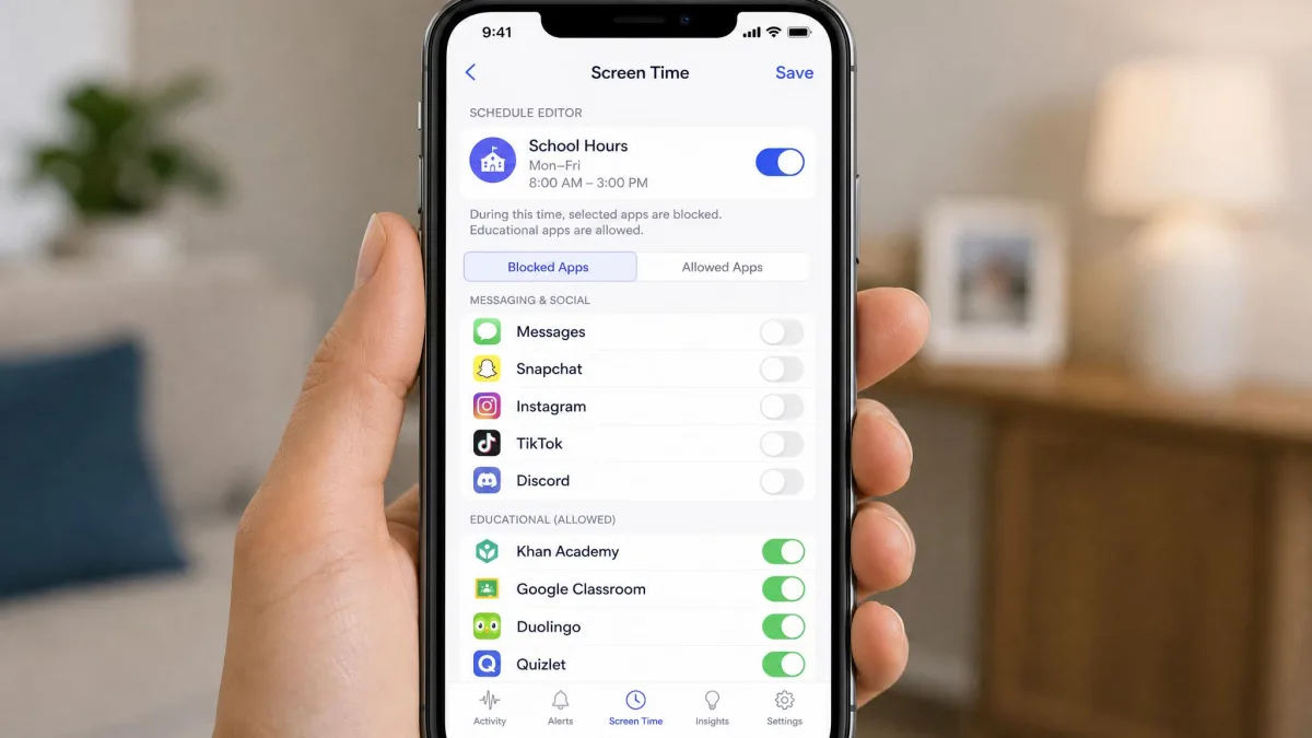 Bark's screen time schedule editor on a parent phone showing a school-hours rule with messaging apps toggled off and educational apps left allowed.