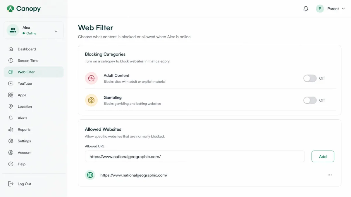 Canopy's website blocking settings on a parent dashboard with adult content and gambling categories switched off and a single allowed URL added below.