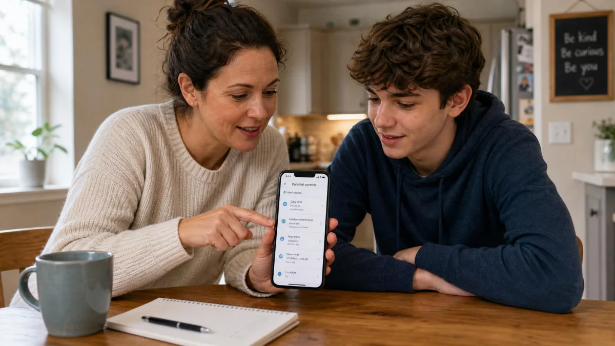 A parent and a teenager sitting at a kitchen table looking at a phone together, the parental control settings screen visible, both engaged rather than confrontational.