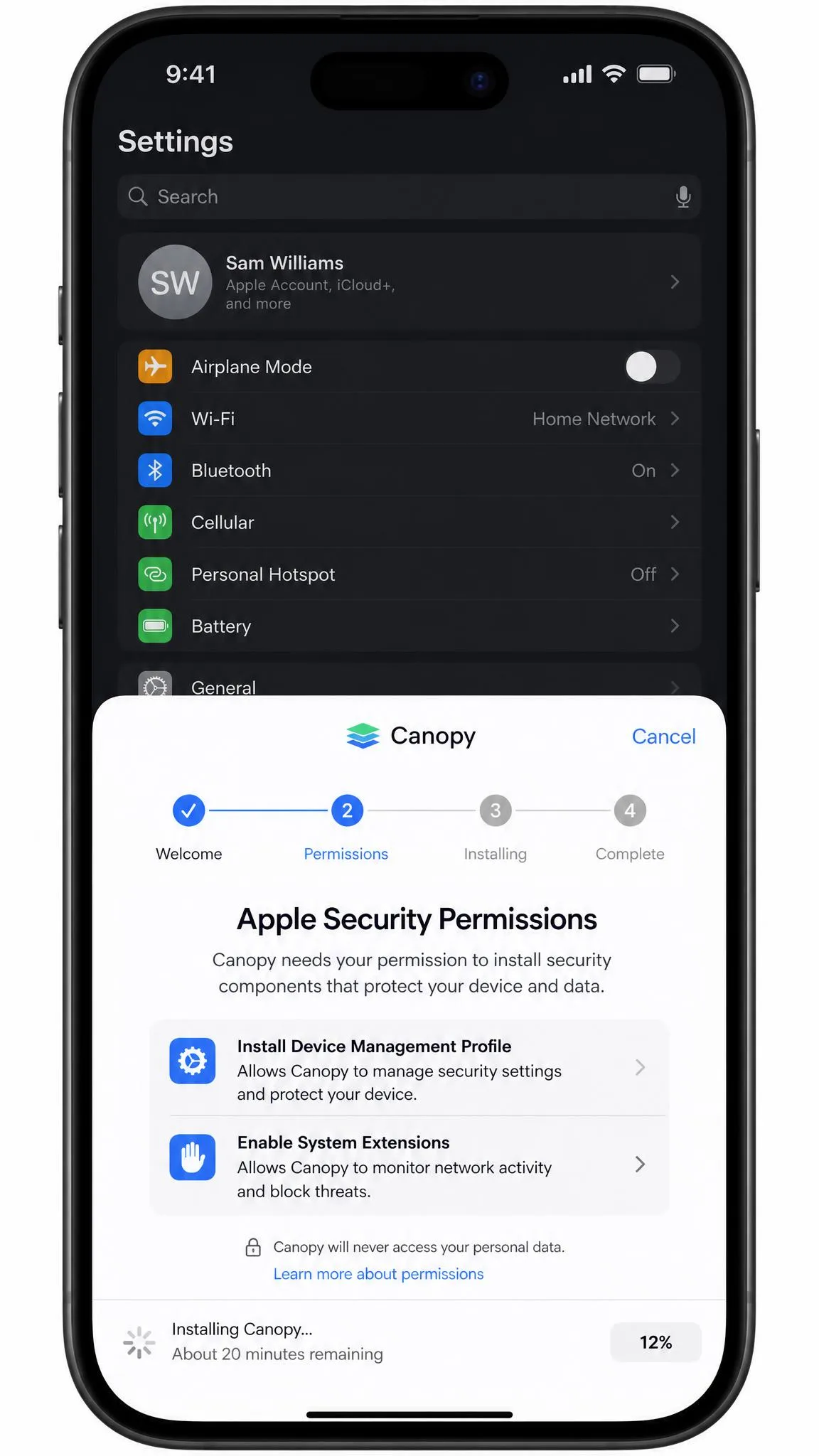 Canopy's iOS setup wizard on an iPhone showing the Apple security permissions step, with a settings menu open behind it during the roughly 20 minute install.