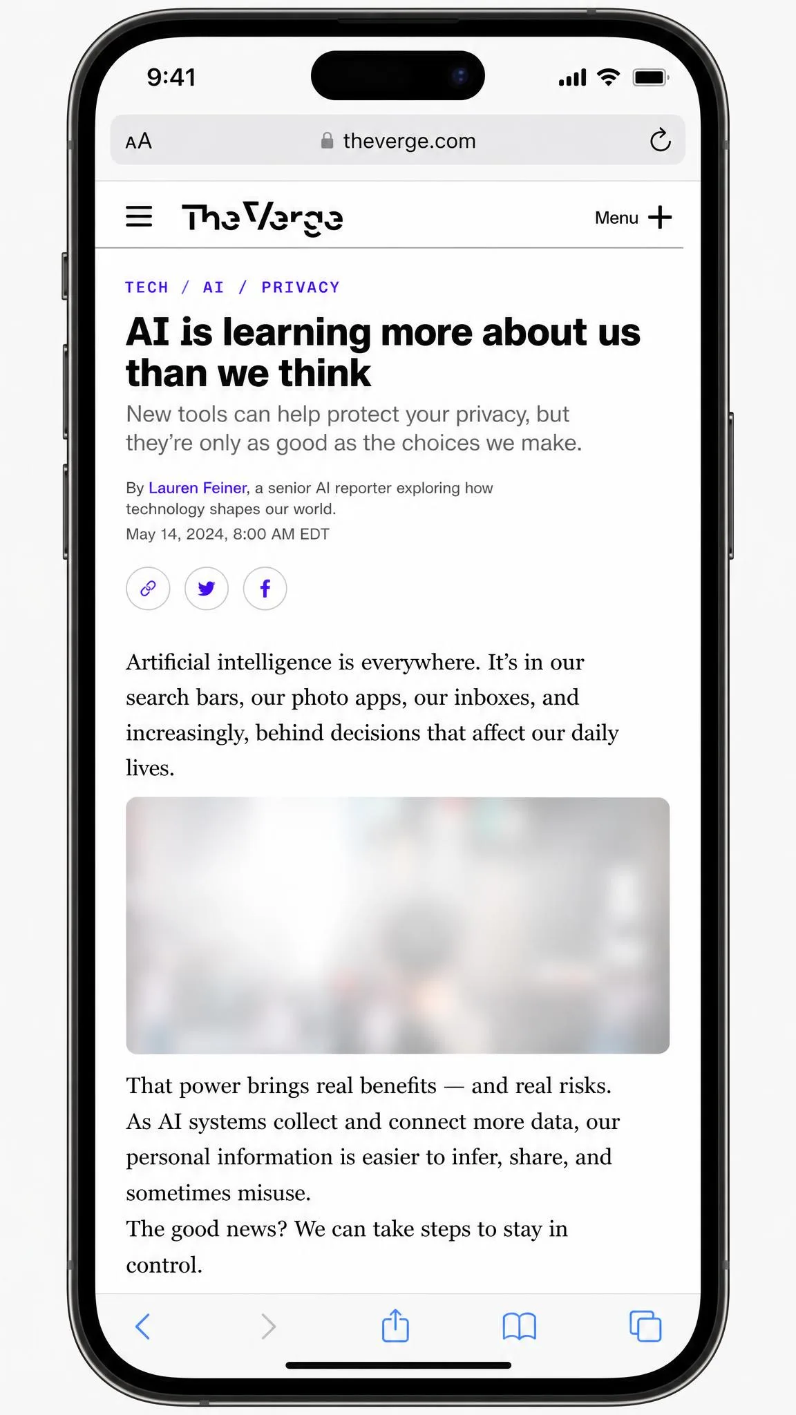 A web page open on a phone with Canopy's smart filter whiting out a single image region while the surrounding article text remains fully readable.