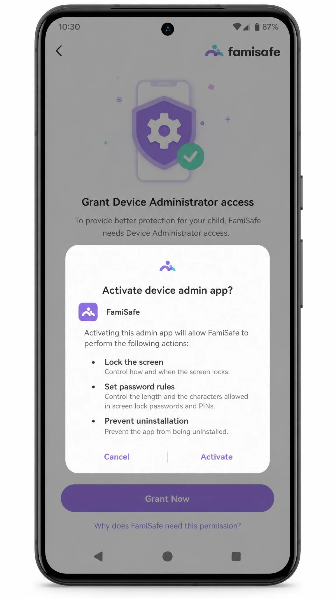 An Android phone showing FamiSafe's setup screen asking the user to grant Device Administrator access, with the confirmation dialog open over the app.