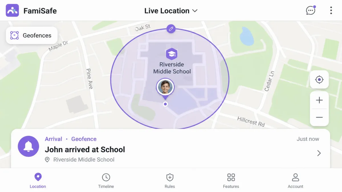 FamiSafe's map view showing a circular geofence drawn around a school with the child's live location pin inside it and an arrival alert card below.