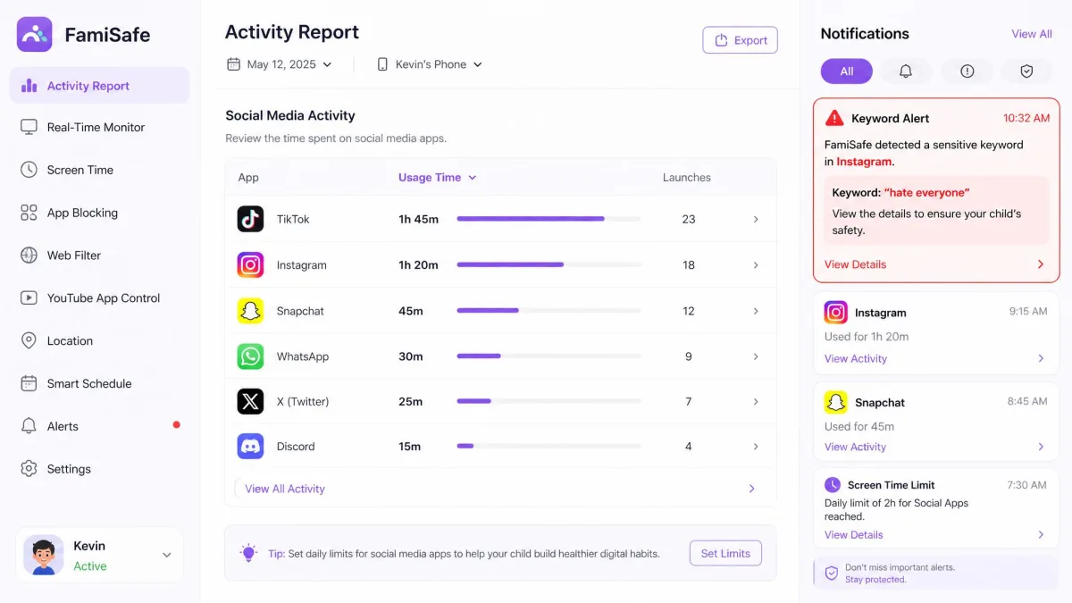 FamiSafe's activity report screen listing detected social media apps with usage times and a flagged keyword alert highlighted in the notification panel.