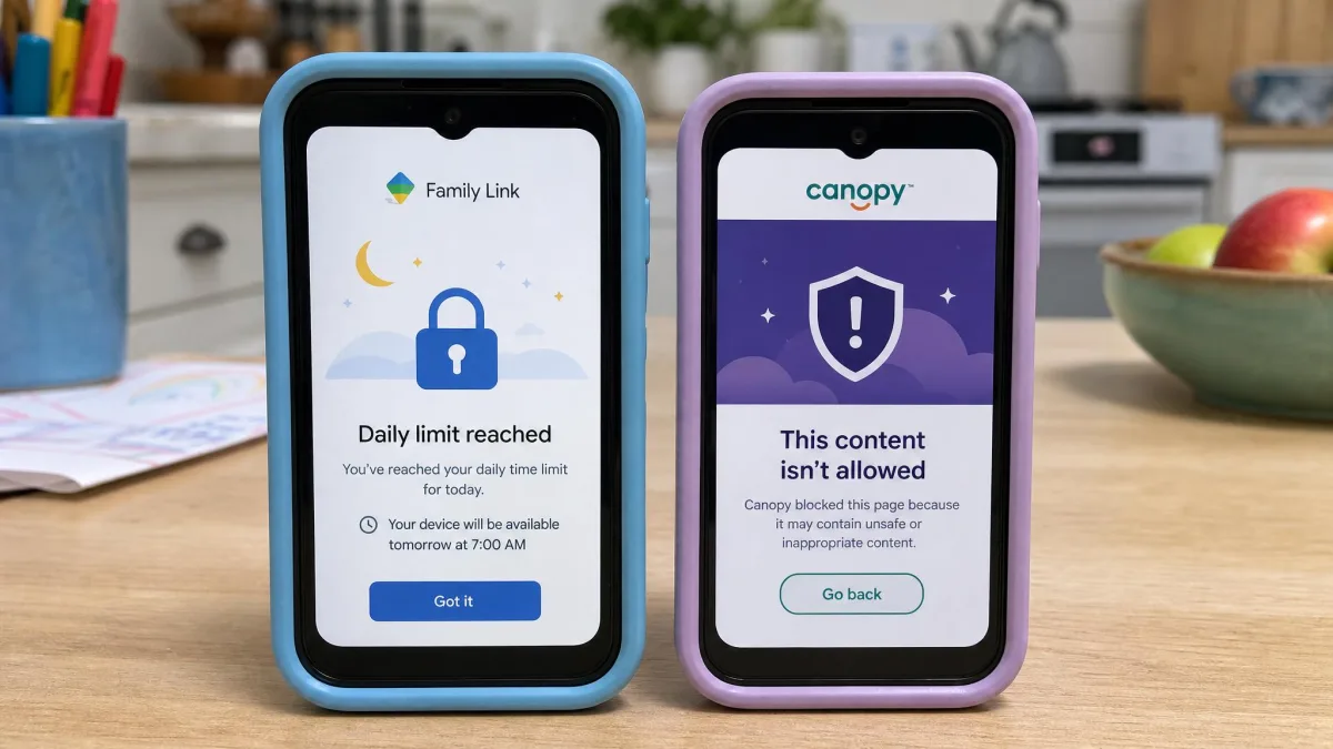 Two child phones side by side on a kitchen table, one showing a Google Family Link daily limit lock screen and the other showing a Canopy blocked content notice.