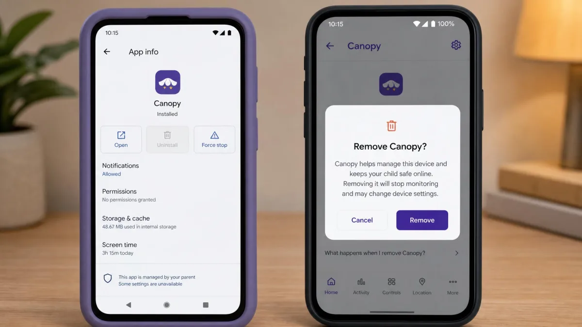 A child's Android settings screen with Canopy's uninstall option greyed out beside a parent phone showing a removal alert.