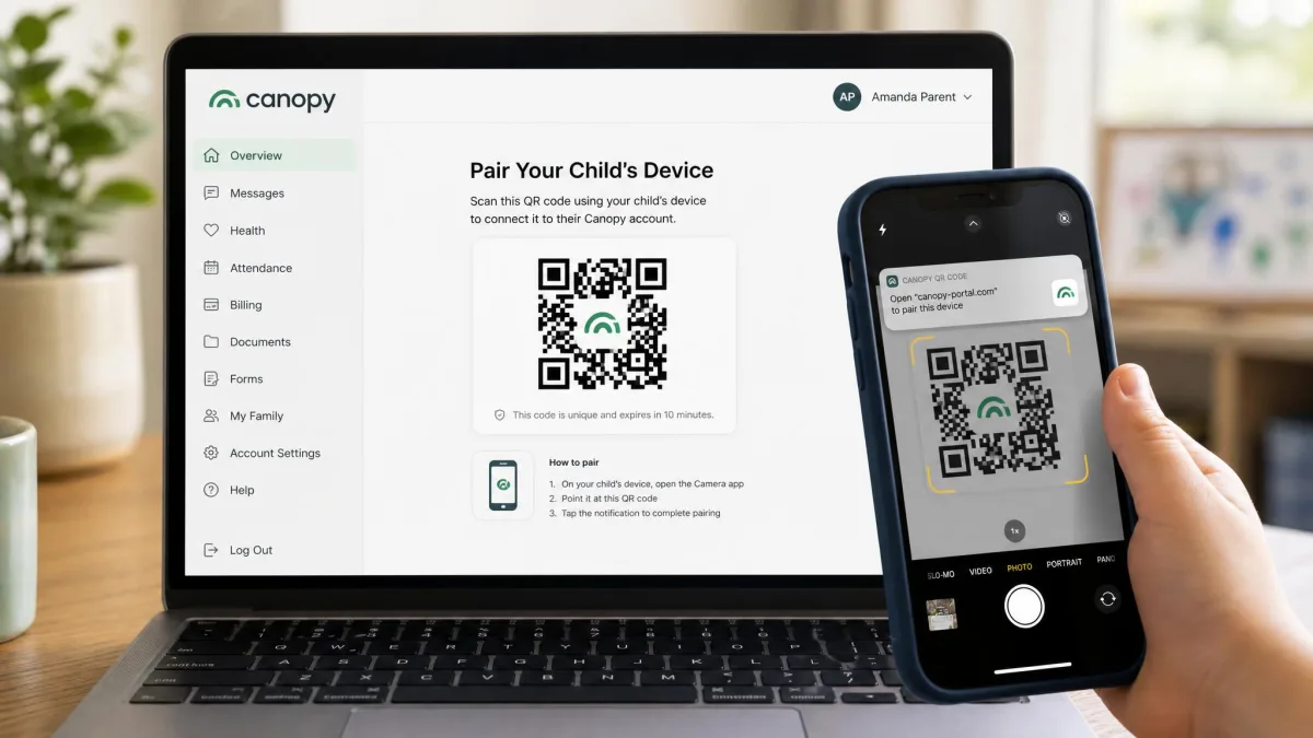 Canopy's web parent portal showing a pairing QR code while a hand holds a child's iPhone up to scan it.