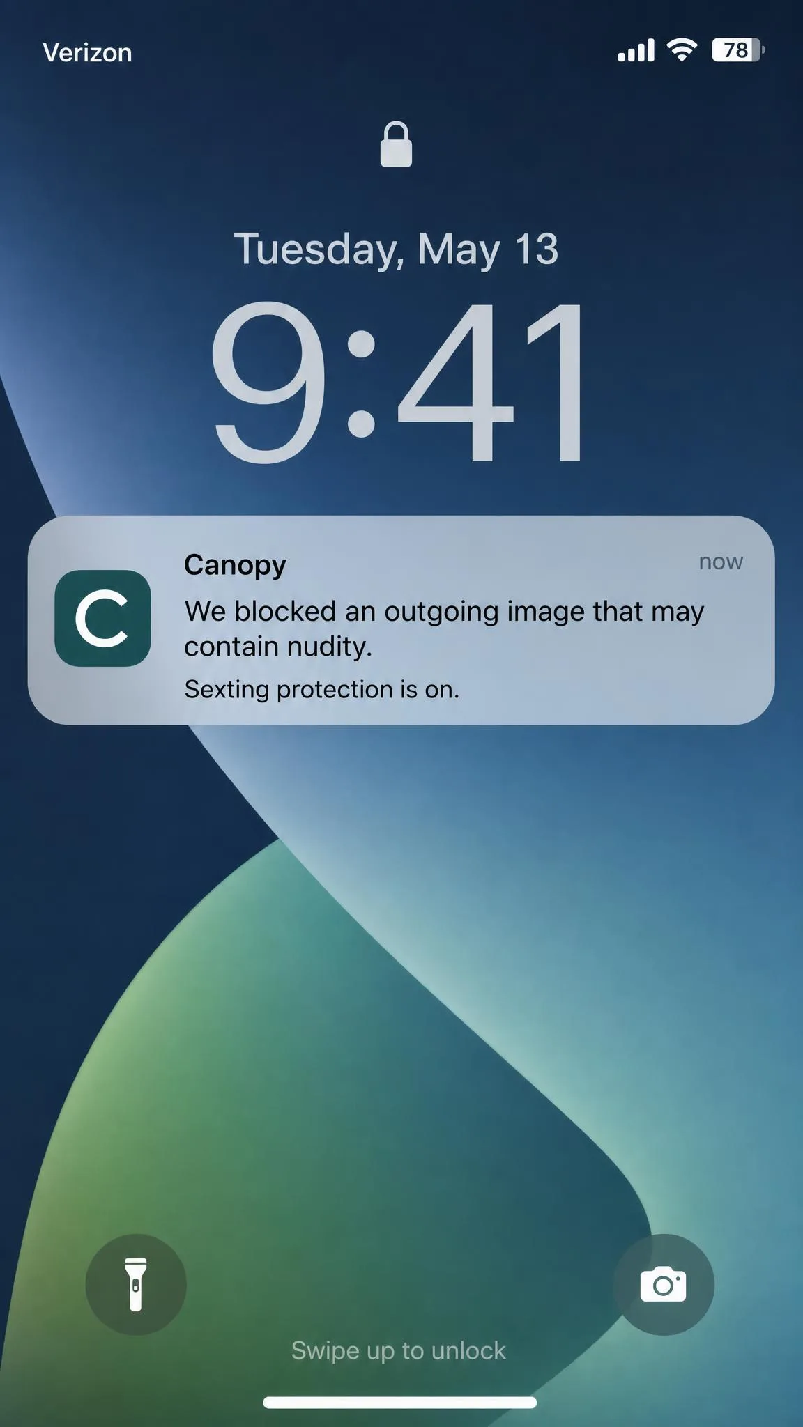 A parent phone lock screen showing a Canopy alert that an outgoing image was blocked by sexting protection.