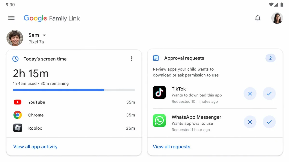 Google Family Link showing a child's daily screen time total and app approval requests.
