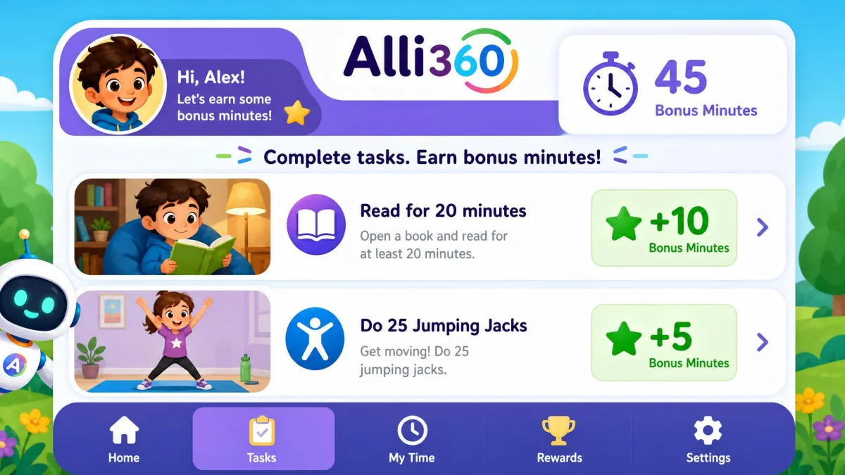 The Alli360 child app showing tasks such as reading and jumping jacks, each labelled with bonus minutes earned.