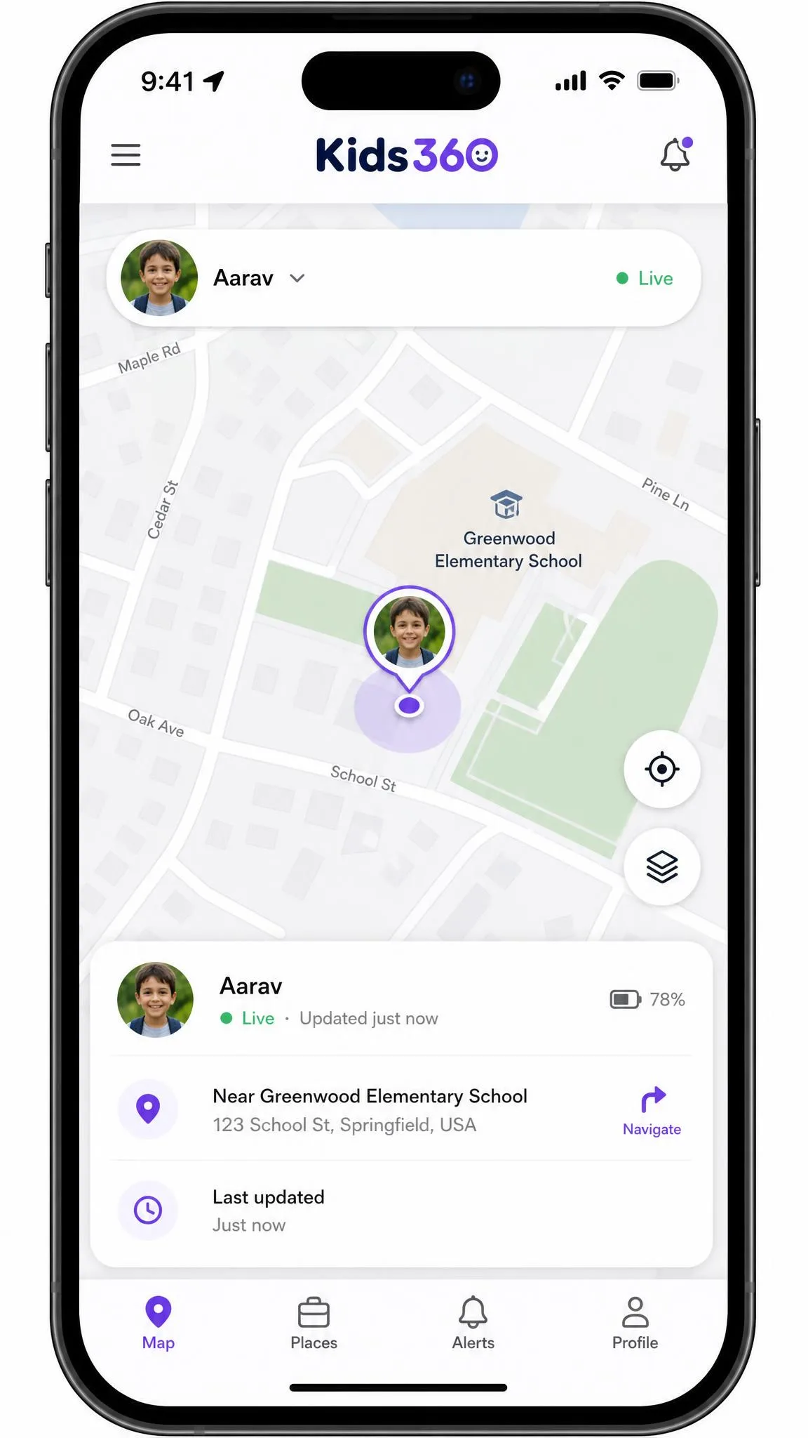 The Kids360 map on a parent phone showing a child's live GPS position pinned near a school.