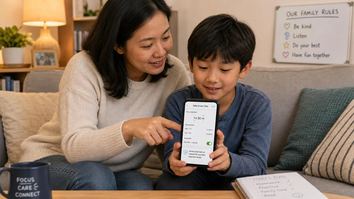 A parent and a school-age child on a sofa setting daily screen time rules on a phone together.