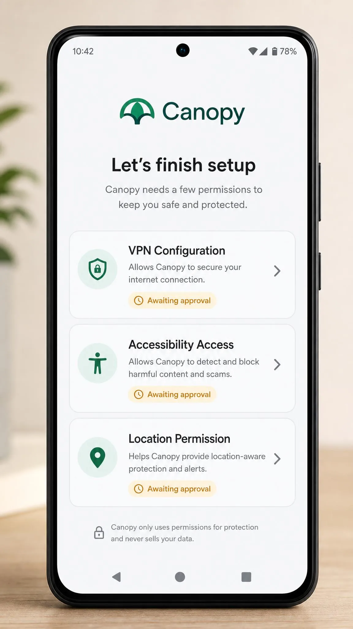 An Android phone mid-setup showing Canopy's permissions checklist with VPN configuration, accessibility access and location permission each awaiting approval.