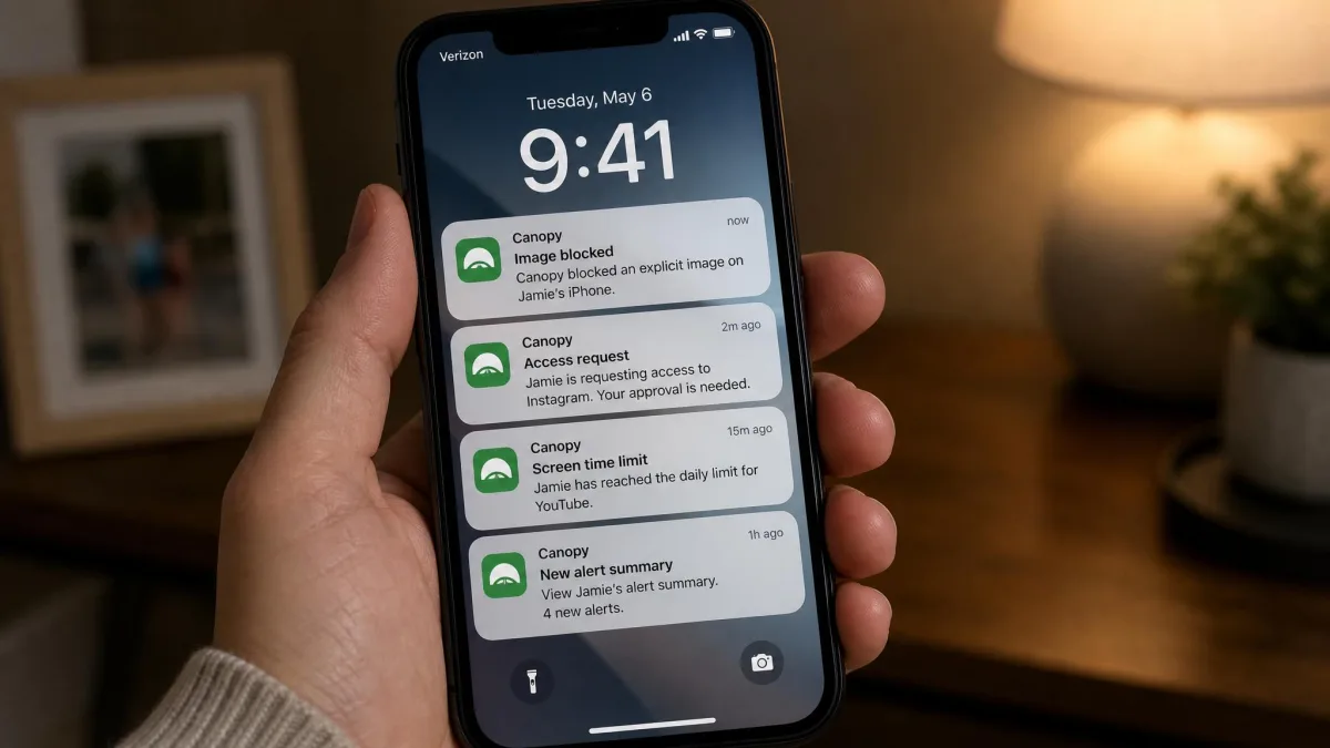 A parent's phone showing a stack of Canopy notifications, including a blocked image alert and a child's access request awaiting approval.