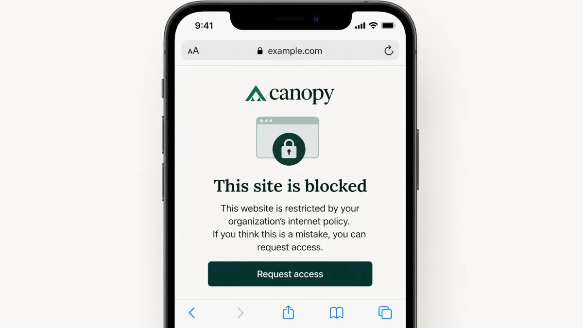 A smartphone browser showing Canopy's blocked-page screen in place of a website, with a Request access button beneath the explanation text.