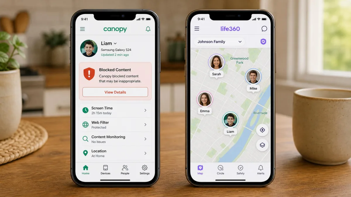Two smartphones side by side on a kitchen table, the left showing Canopy's parent dashboard with a blocked-content alert and the right showing Life360's live family map with four member pins.