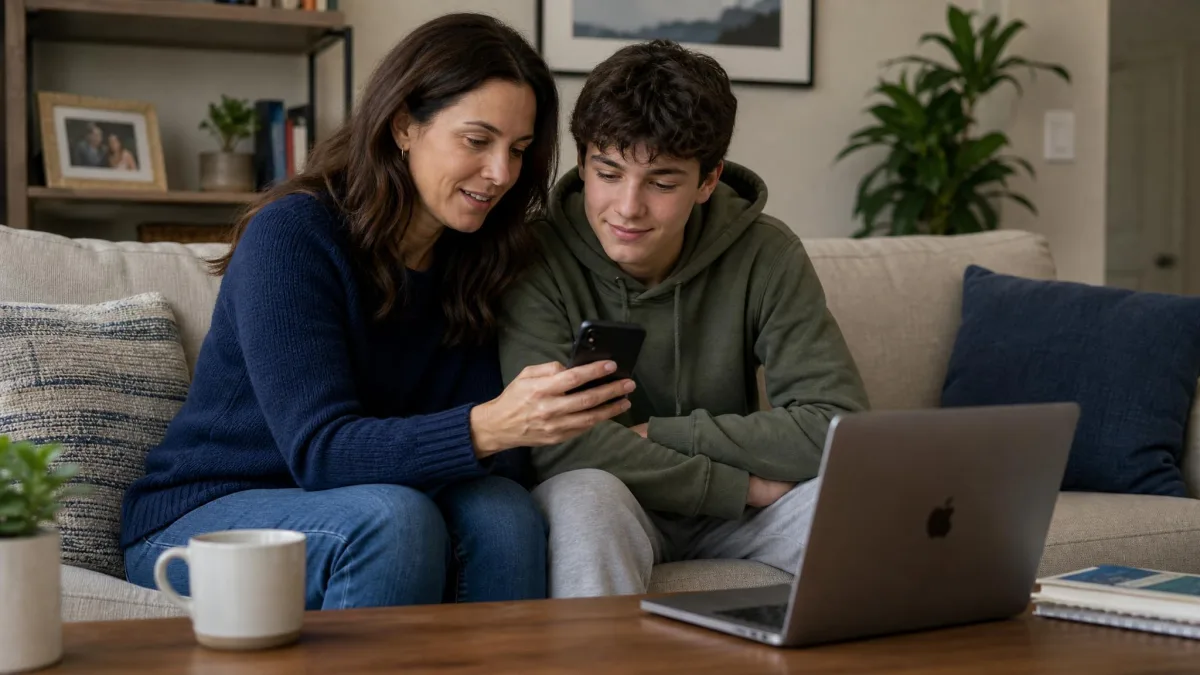 A parent and a teenager sitting on a sofa looking at a phone together comparing the parental control apps, the screen showing a parental control settings list, with a laptop open on the coffee table beside them.