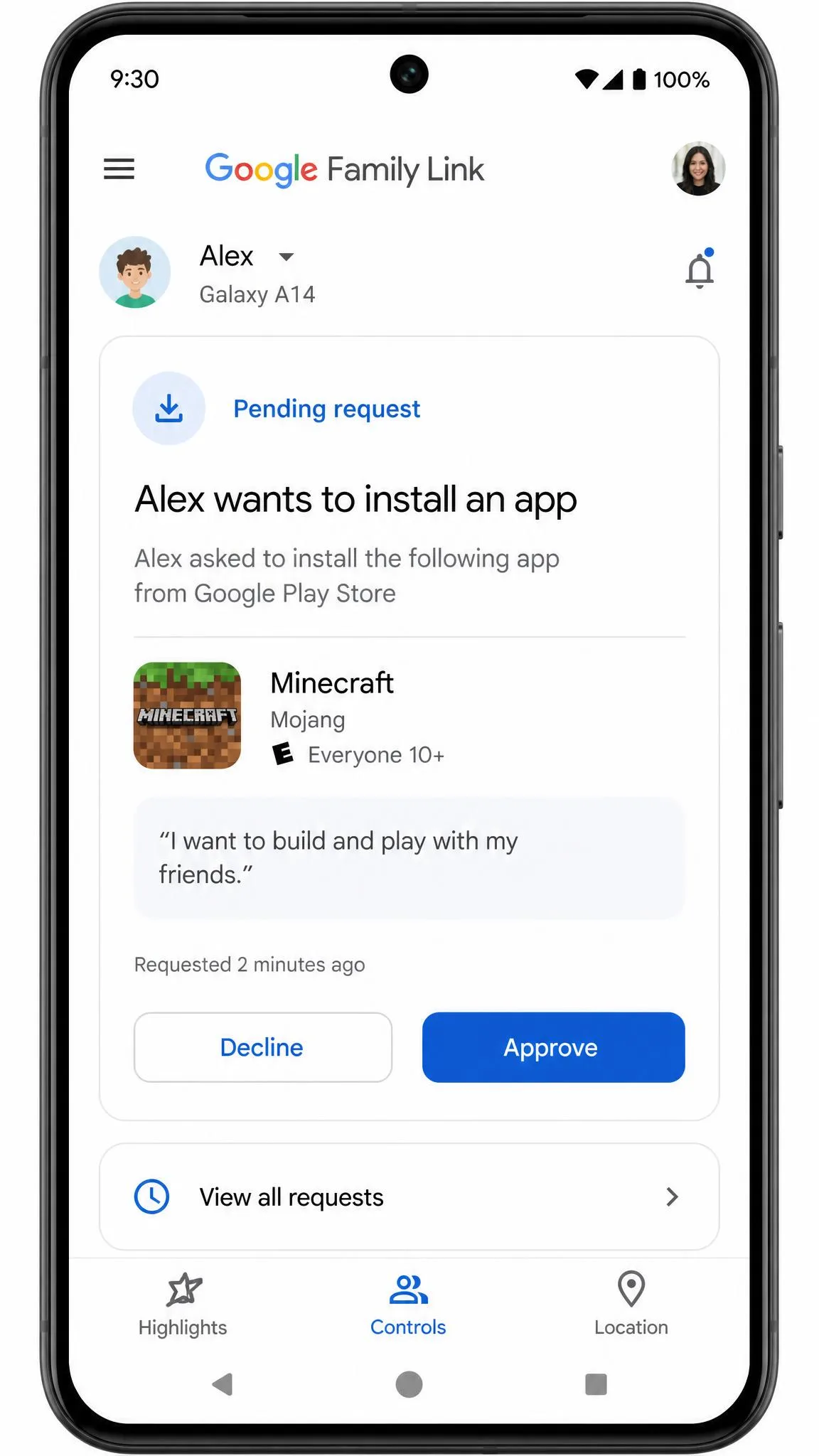 Google Family Link on an Android phone showing a pending app install request from a child account with Approve and Decline buttons.