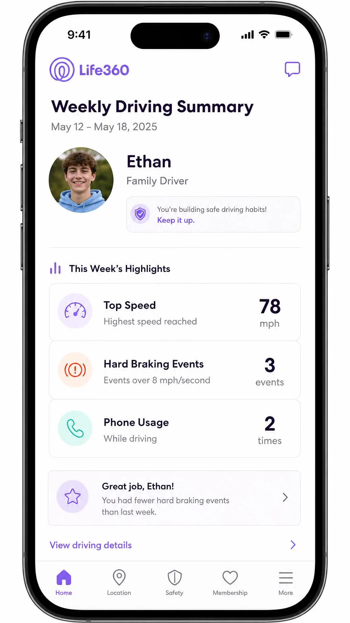 Life360's weekly driving summary on a phone screen, listing top speed, hard braking events and phone usage for a named family driver.