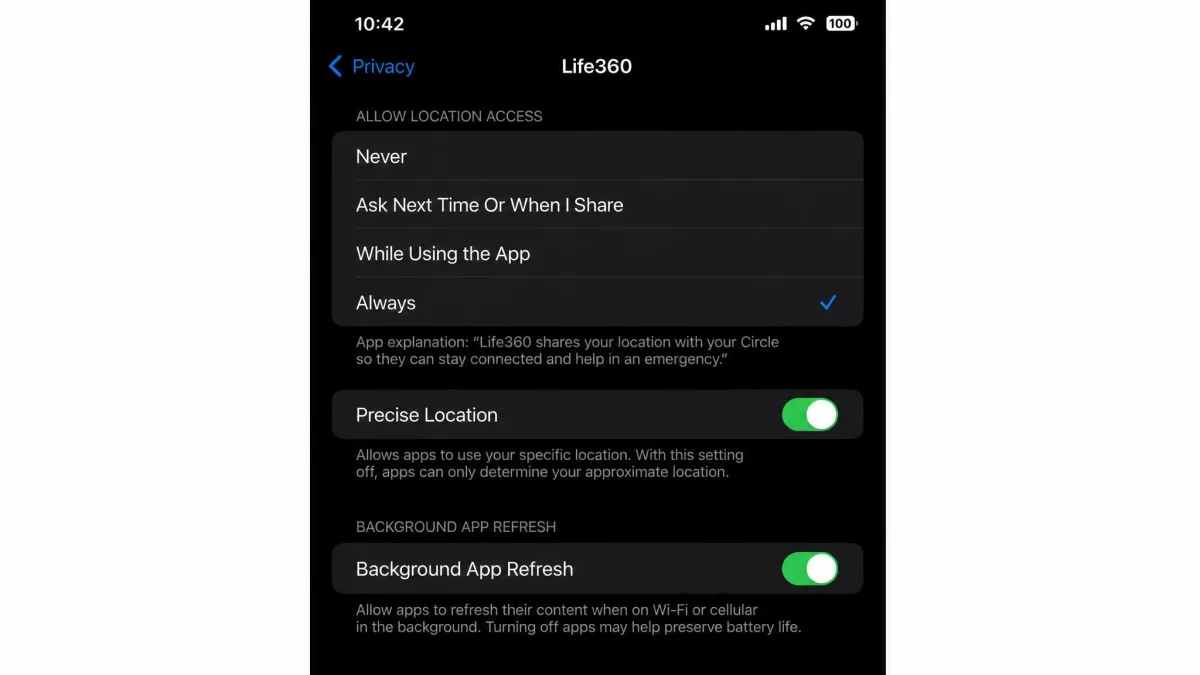 An iPhone privacy settings screen showing Life360's location permission set to Always with Precise Location enabled, and a background app refresh toggle below it.