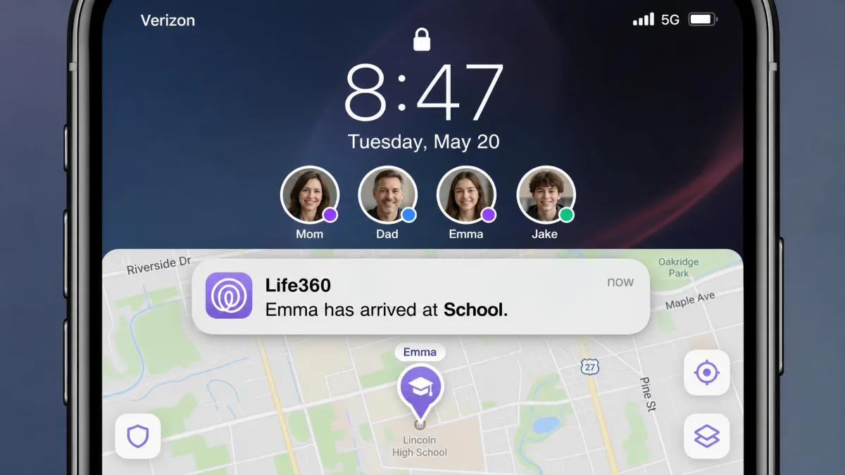 A phone lock screen showing a Life360 notification reading that a family member has arrived at School, with the app's live map visible behind it and four member avatars along the top.