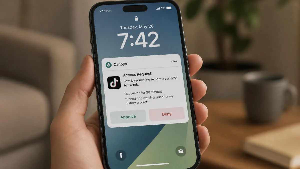 A parent phone showing a Canopy notification where a child has requested temporary access to a blocked app, with approve and deny buttons.