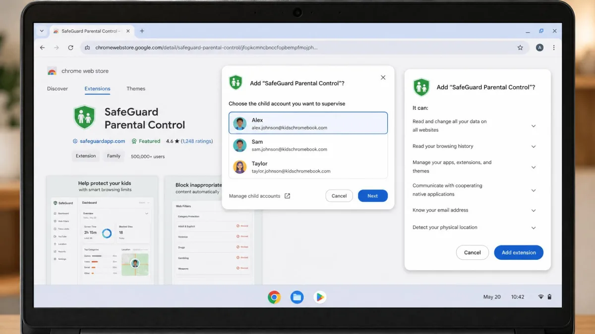 A Chromebook screen showing a parental control browser extension being added, with the child account picker and the permissions dialog visible.
