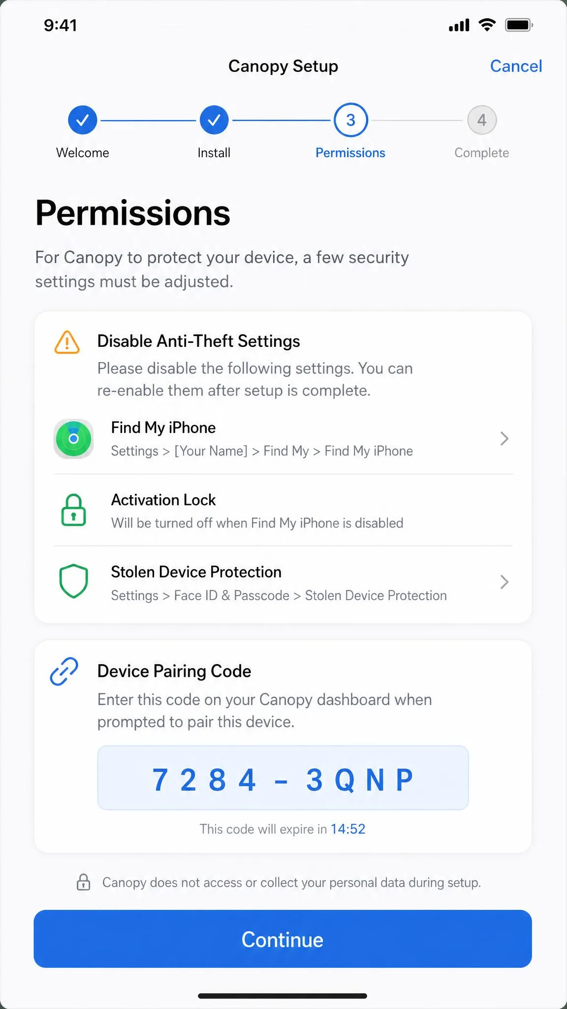 The Canopy iOS setup wizard mid-install, showing the permissions step with instructions to disable anti-theft settings and a device pairing code.