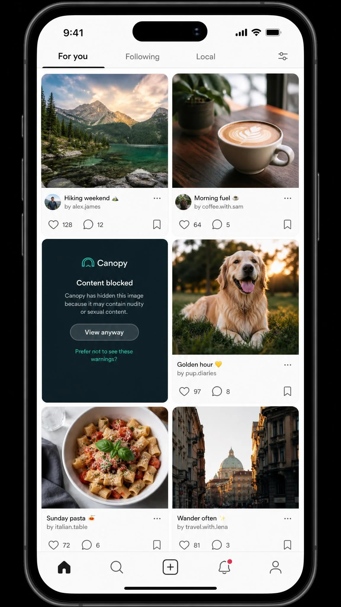 A phone screen showing a social feed where one image tile has been replaced by a Canopy blocked-content overlay while the surrounding posts load normally.